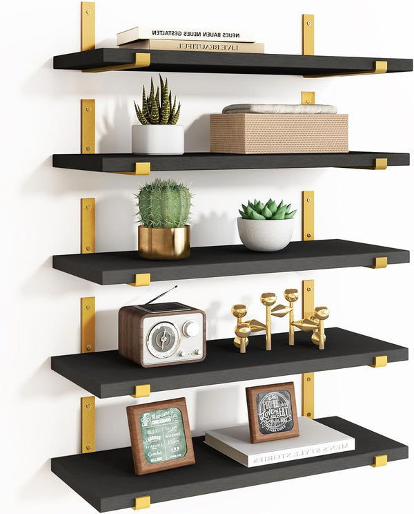 Fixwal Floating Black Gold Shelves Set of 5, Width 4.7 Inches, Rustic