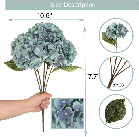 Artificial Flowers Silk Hydrangea Flowers, 5 Heads Fake Flower Bunch Bouquet for Home Wedding Party Decor