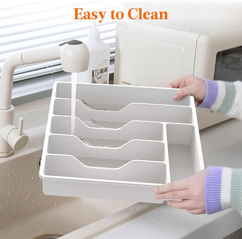 Lifewit Silverware Organizer with Lid, Covered Utensil Tray for Kitchen Drawer and Countertop, 6 Compartments, White