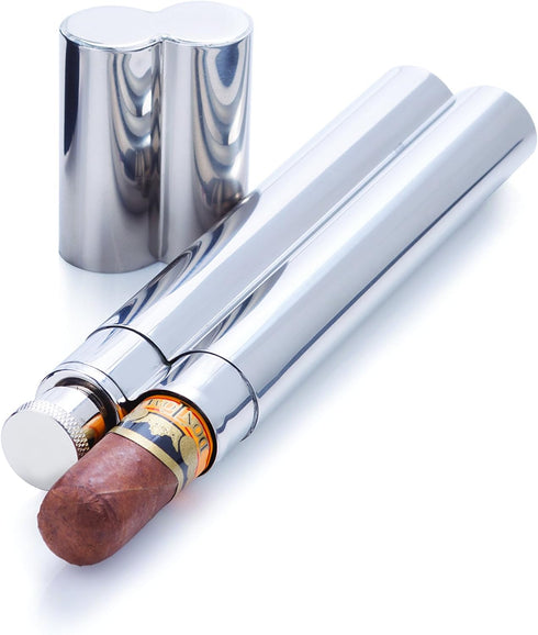 Viski Stainless Steel Cigar Holder with 2 oz Liquor Flask, Slim Single Cigar Case, Silver, Set of 1 for Whiskey