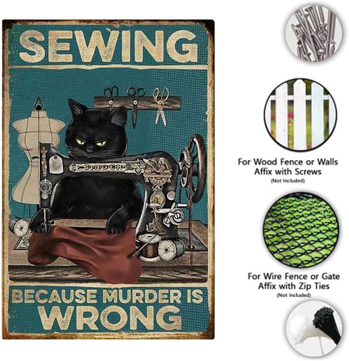 Yepzoer Cat Kitty Sewing Retro Style Bar Sign Wall Art Decor, Sewing Because Murder is Wrong, 12x8 inch Metal Sign