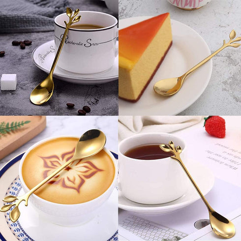 AnSaw Elegant Gold Leaf Coffee Spoons - 10-Piece Mini Stainless Steel Espresso & Dessert Spoons (4.7")