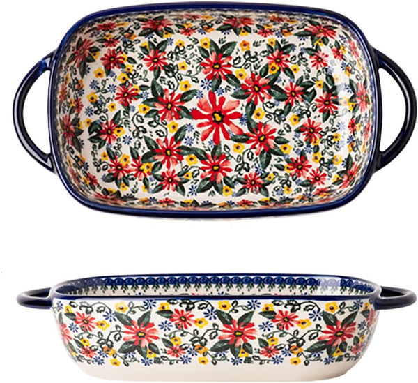 Red Daisy Flower Vintage Style Ceramic Bakeware Casserole Dish Baking Pan with Handles