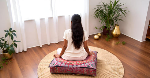 24" 24" INDIAN CRAFT CASTLE Red Peacock Mandala Barmeri Large Floor Pillow Cover Cushion Meditation Seating Ottoman