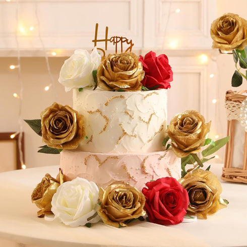 Veryhome 10 Pcs Gold Silk Roses - Artificial Bridal Wedding Bouquet, Real Touch Floral Decor for Christmas Party