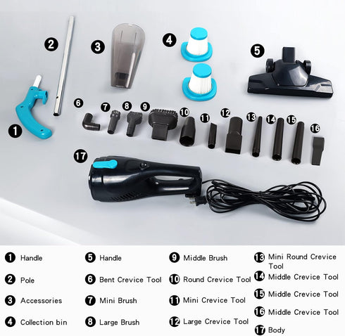 Intercleaner Corded Vacuum Cleaner, 15KPa Powerful Suction, 12 in 1 Lightweight Bagless Stick Vac for Home, Car