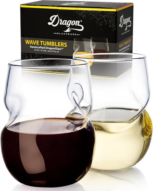 Dragon Glassware Stemless Wine Glasses - 16 oz Clear Short Wine Glasses Set of 2 with Finger Indentations