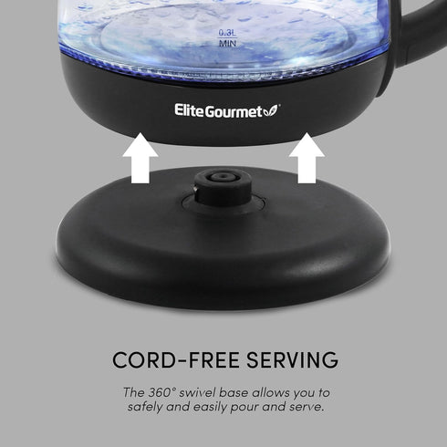 Elite Gourmet EKT1001 Electric 1.0L BPA-Free Glass Kettle, 1100W with Stylish Blue LED, Auto Shut-Off, Black