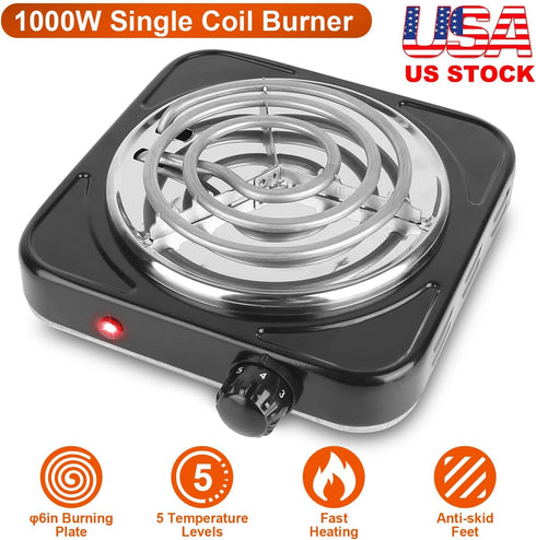 iMounTEK 1000W Electric Stove for Cooking - Electric Single Burner Coil Heating Hot Plate with Non Slip Rubber Feet