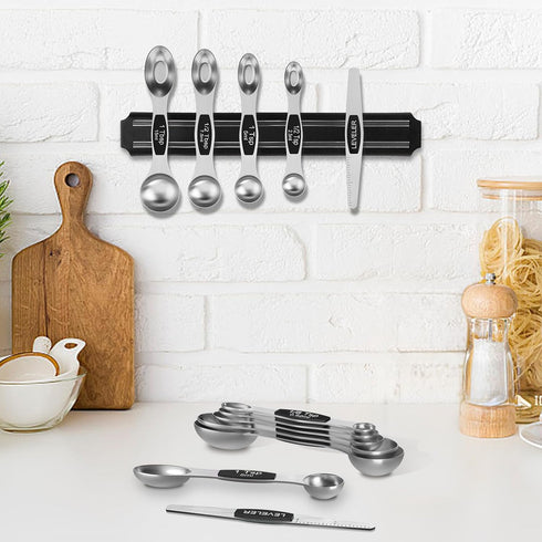 Magnetic Measuring Spoons Set - Wildone Stainless Steel Double Sided Set of 7 Black for Dry & Liquid Ingredients