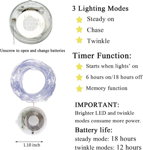 Twinkle Fairy Lights Battery Powered 20 LED on 7.2feet Silvery Copper Wire for DIY Wedding Party Decor (Cool White)