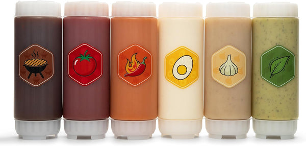 6-Pack No-Drip FIFO Squeeze Bottles 18oz BPA-Free Refillable Condiment Dispensers with White