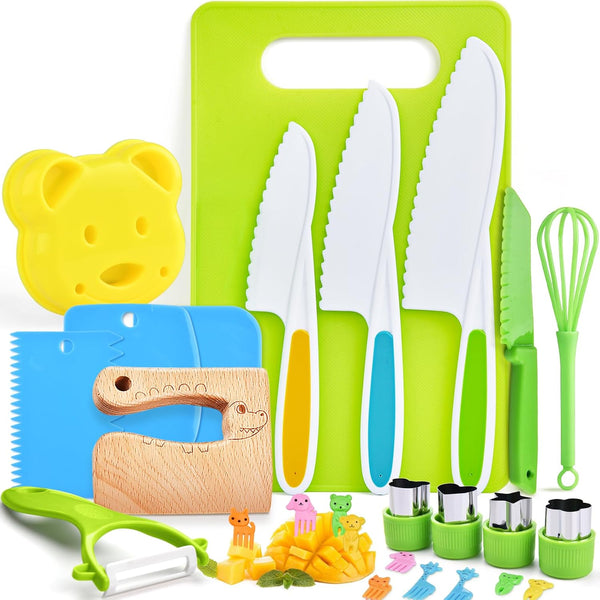 Hilsoeet 26PCS Kids Knives for Real Cooking, Wooden Kids Kitchen Knife Set