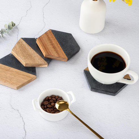 Set 4Pcs WLWNWFT Wood Black Marble Coasters for Drinks, Modern Rustic Acacia Hexagon Coaster Decorative Bar Coaster