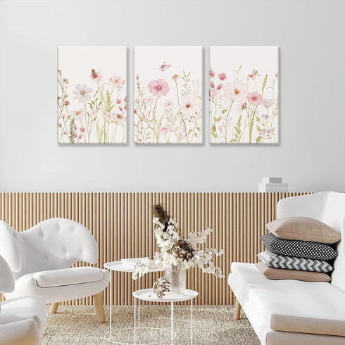 3 12x16in MTFBWY Piece Pink Wildflower Canvas Wall Art, Vintage Floral Botanical Prints, Sage Green Flower Pictures