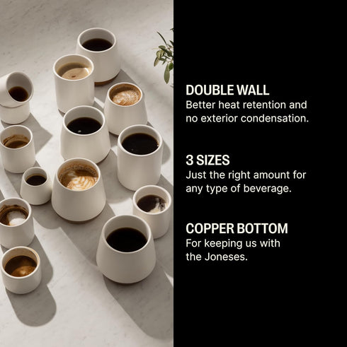 Fellow Joey Double Wall Ceramic Coffee Mug - Refined Matte White, Single 8 oz Cup