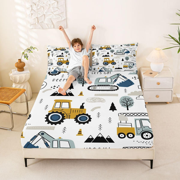 Feelyou Cartoon Car Kids Fitted Sheet Construction Bed Sheet Set Decor Equipment