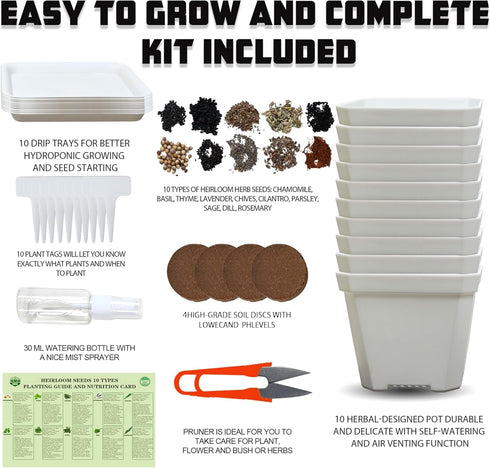 10 Set Meekear Herb Seeds Garden Starter Grow Kit with White Pots, Markers, Nutritional Soil, Watering, Herb Clipper