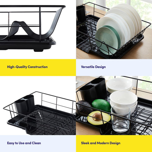 Space-Saving 3-Piece Dish Drainer Rack Set with Cutlery Holder, Maximize Countertop Space, Black