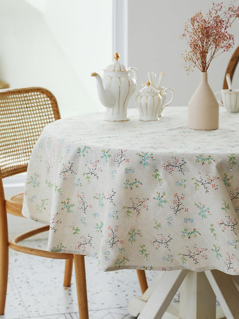 YiHomer Pastoral Round Tablecloth - 60 Inch Dia. - Beige Linen Washable Table Cover for Indoor and Outdoor Dining