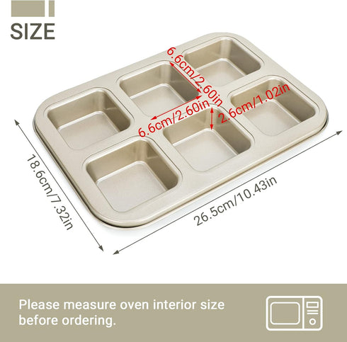 Beasea Brownie Pan, 1 Pack 6 Cavity Gold Nonstick Square Mini Brownie Muffin Cake Pan Cheesecake Cupcake Bakeware Carbon Steel Brownie Baking Tray 2x3 Individual Cutter Bakeware for Oven Baking by Beasea