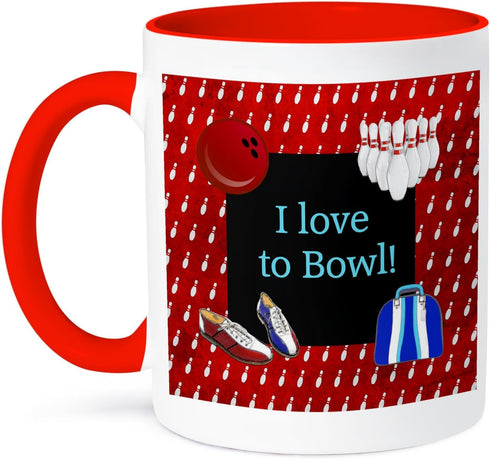 3dRose I Love Bowling Pins Ball Shoes and Bag - Red Blue and White Two Tone Mug, 11oz
