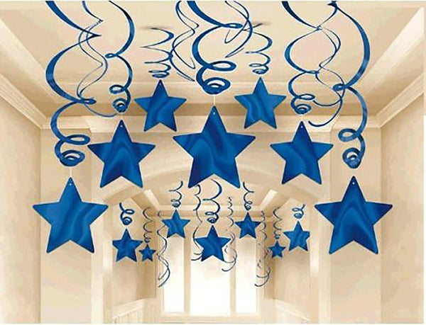 Party Swirl Decorations, Hanging Swirl for Ceiling Decorations, Blue with Star, Pack of 30