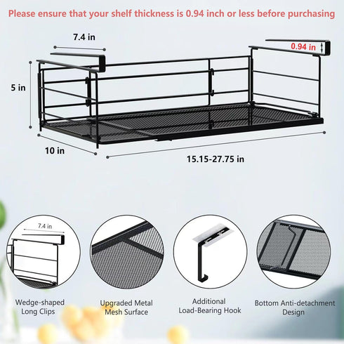SHINEWON 1 Pack, 5" 10" Expandable Under Cabinet Shelf, Extendable Under Shelf Storage with Removable Wire-Like Back