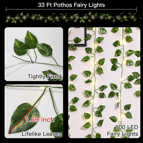 33ft100 suddus Vine with Fairy Lights Battery Operated, LED Pothos String Lights with Remote, Leaf Lights for Bedroom