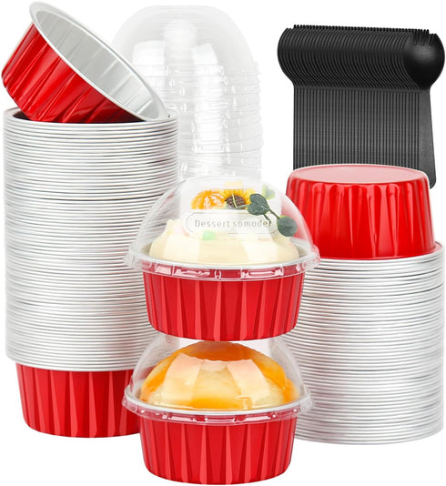 LNYZQUS 5oz Cupcake Pans, 100 Pack Aluminum Foil Mini Cake Baking Cups with Dome Lids for Christmas - Red