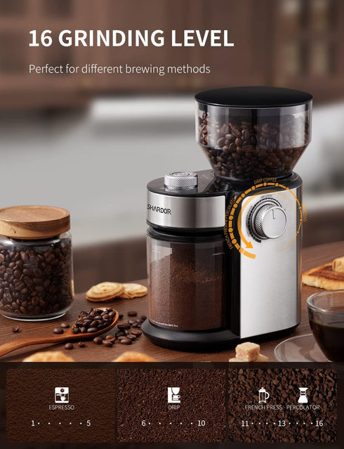 SHARDOR Coffee Grinder – Adjustable Burr Mill with 16 Precise Grind Settings for 2-14 Cup, Silver