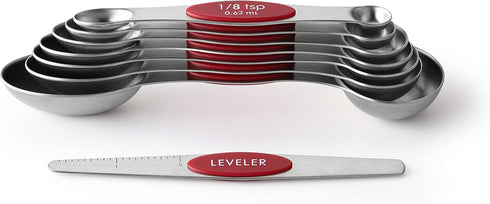 Spring Chef Red Stainless Steel Magnetic Measuring Spoons Set of 8 with Leveler, Kitchen Gadgets for Baking & Cooking