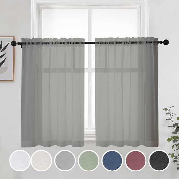 OWENIE Short Gray Sheer Curtains 36 Inches, 2 Panels Set for Kitchen Tiers and Bathroom Windows