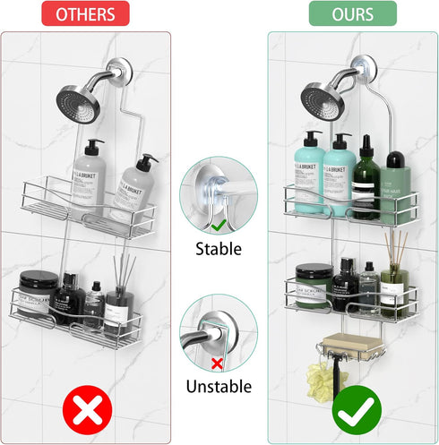 Shower Caddy Organizer with 6 Hooks for Razor & Sponge, Shower Shelf with Soap Basket, Hanging Storage, Silver