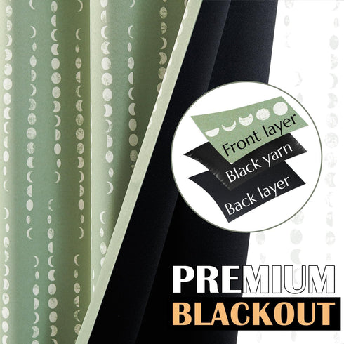 jinchan 95% 84 inch Set 2 Blackout Bohemian Moon Phase Print Bedroom Curtains Long sage Green Pole Pocket Rear tab