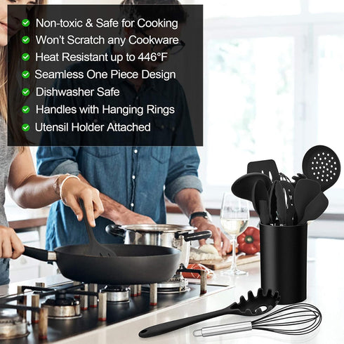 LIANYU 12-Piece Black Silicone Kitchen Cooking Utensils Set with Holder, Includes Slotted Spatula, Spoon Turner, Ladle,
