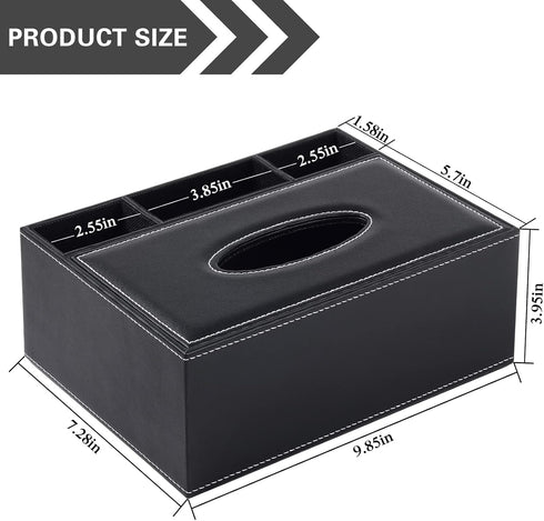 Multifunction PU Leather Tissue Box Cover, Black Rectangular Storage Box for Napkins, Remote Control, Desk Organizer
