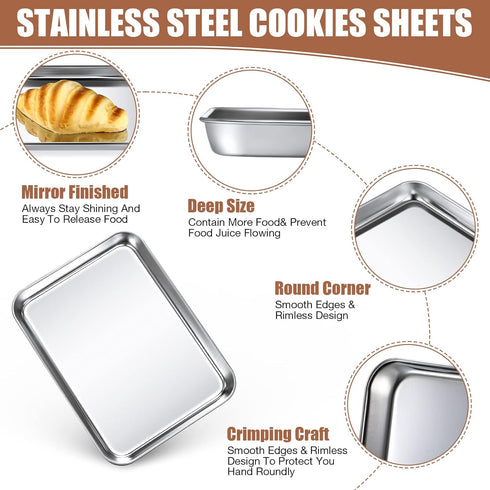 Baking Sheet Pan Set, 12 Pcs Non-Stick Cookie Sheet Small Toaster Oven Pans, Easy Clean Stainless Steel Trays