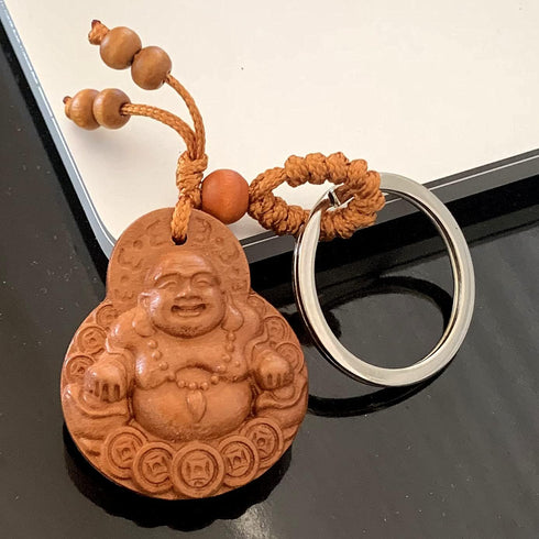 Betterdecor Feng Shui Peach Wood Money Happy Laughing Buddha Key Ring Amulet