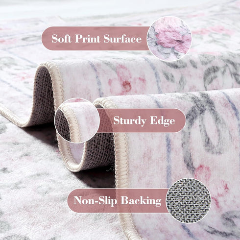 4ft Wonnitar Bow Print Washable Round Rug, Pink Circle Rug for Girl Nursery Decor, Non Slip Ultra-Thin Soft Boho Floral