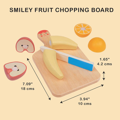 Smiley Fruit Chopping Board Toy Set - 8pc Wood Chopping Board with Play Knife & Choppable Fruits for Toddlers Age 2+