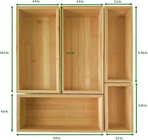 Teicui 5-Piece Pure Bamboo Drawer Organizer Set, Suitable for Kitchen Silverware, Makeup, Desk Organization