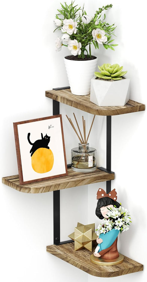 3 Love-KANKEI Corner Shelf Wall Mount of Tier Rustic Wood Floating Shelves for Bedroom Living Room Bathroom Kitchen