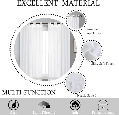 Snow White Linen Sheer Curtain Panel - 72" Long Faux Linen Window Treatment Drape, Sets of 2, 54x72 Inch