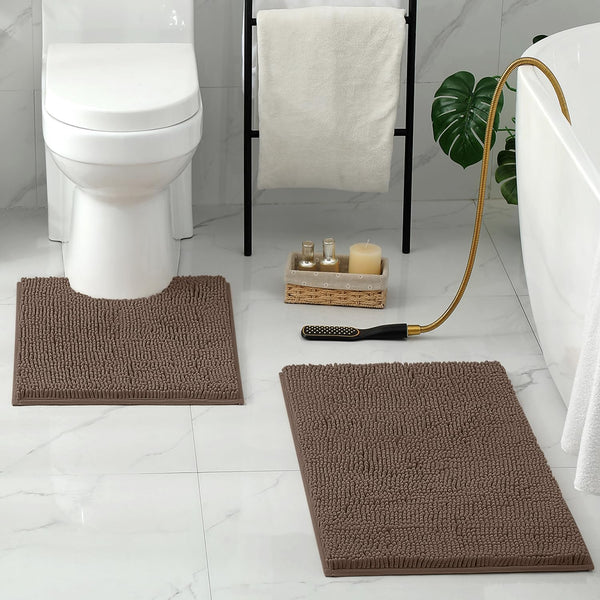HOMEIDEAS Bathroom Rugs Set - 2 Pieces Ultra Soft Non Slip Absorbent Chenille Bath Mat Set (Brown)