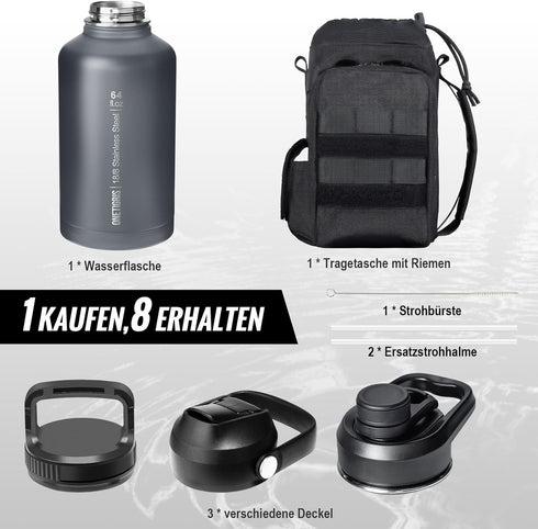 OneTigris 64 oz Tactical Half Gallon Water Bottle with Straw, Leakproof Sport Jug, 3 BPA Free Lids, Paracord Handle &