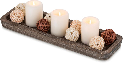 Hanobe Rustic Wood Centerpiece Tray: Decorative Tealight Candle Holders Long Farmhouse Candle