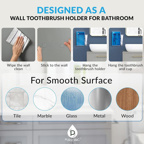 5 Pursonic UV Toothbrush Sanitizer Holder Wall Mounted - Slots Toothbrush Holders for Bathrooms with Toothpaste Holder