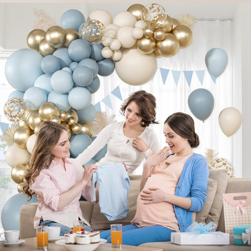 147pcs Dusty Blue Balloon Garland Arch Kit, Light Baby Blue Sand White Metallic Gold Confetti for Birthday Wedding
