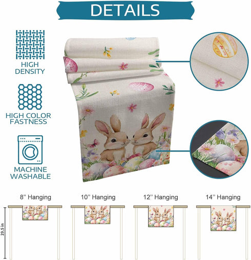 HELLOWINK 72 Inches 13" Easter Bunny Egg Floral Table Runners Long Cotton Linens Party Coffee Table Runner Cloth